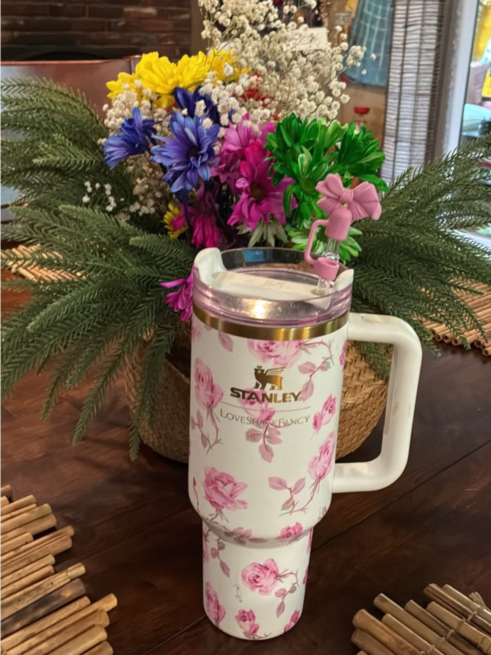 Stanley White & Pink Floral Travel Mug with Handle and straw Love Shack Fancy